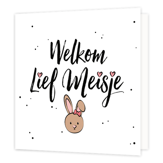 Welkom lief meisje - Formaat: Normaal - Vorm: Vierkant - Geboortekaart - Op deze wenskaart staat de tekst: "Welkom lief meisje" met roze hartjes op de i en onder de tekst een kleine tekening van een konijn. - Snelwenskaart