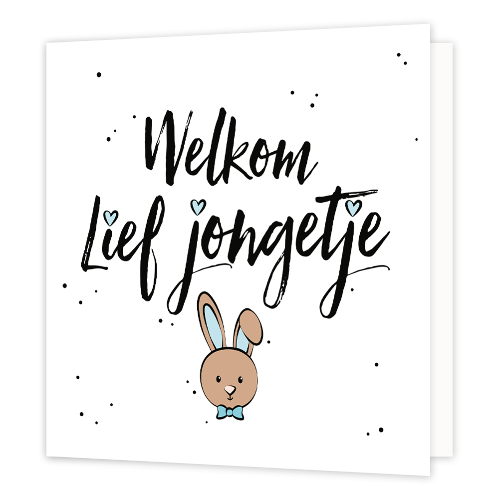 Welkom lief jongetje - Formaat: Normaal - Vorm: Vierkant - Geboortekaart - Op deze wenskaart staat de tekst: "Welkom lief jongetje" met blauwe hartjes op de i en onder de tekst een kleine tekening van een konijn. - Snelwenskaart