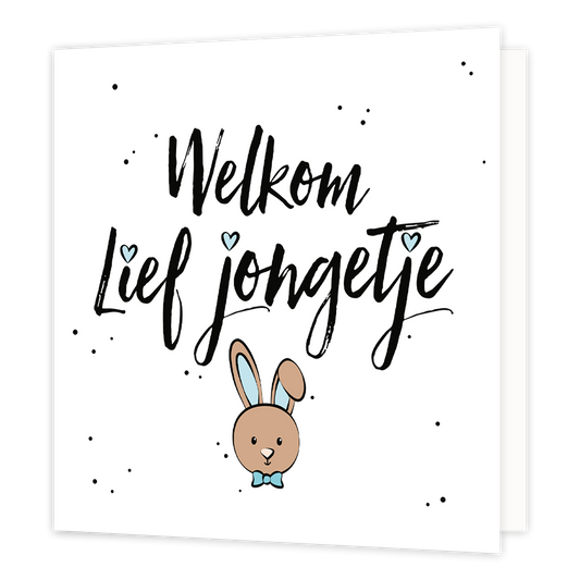 Welkom lief jongetje - Formaat: Normaal - Vorm: Vierkant - Geboortekaart - Op deze wenskaart staat de tekst: "Welkom lief jongetje" met blauwe hartjes op de i en onder de tekst een kleine tekening van een konijn. - Snelwenskaart