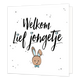 Welkom lief jongetje - Formaat: Standaard - Vorm: Vierkant - Geboortekaart - Op deze wenskaart staat de tekst: "Welkom lief jongetje" met blauwe hartjes op de i en onder de tekst een kleine tekening van een konijn. - Snelwenskaart