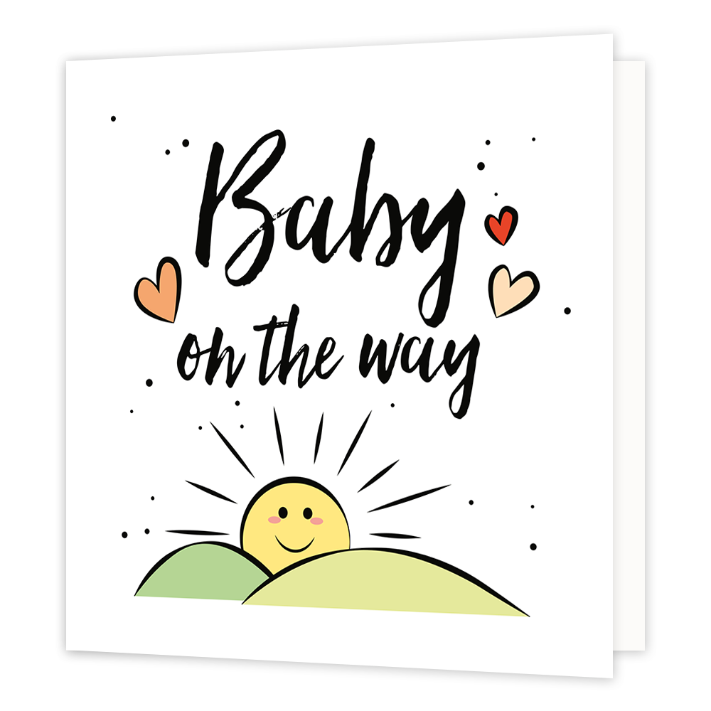 Zwanger gefeliciteerd - Formaat: Standaard - Vorm: Vierkant - Zwanger kaart - Op deze wenskaart staat de tekst: "Baby on the way" met hartjes ernaast en een tekening van een opkomende zon boven de bergen, onder de tekst. - Snelwenskaart