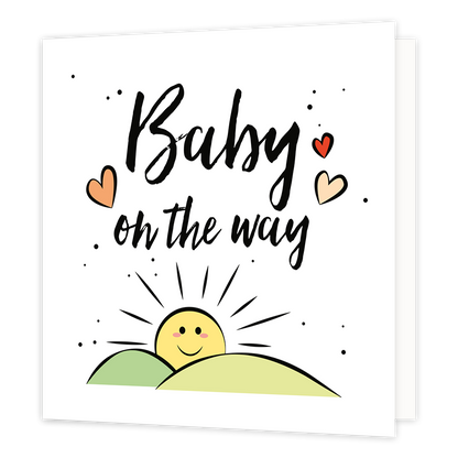 Zwanger gefeliciteerd - Formaat: Standaard - Vorm: Vierkant - Zwanger kaart - Op deze wenskaart staat de tekst: "Baby on the way" met hartjes ernaast en een tekening van een opkomende zon boven de bergen, onder de tekst. - Snelwenskaart