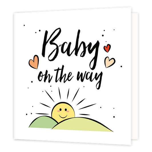 Zwanger gefeliciteerd - Formaat: Normaal - Vorm: Vierkant - Zwanger kaart - Op deze wenskaart staat de tekst: "Baby on the way" met hartjes ernaast en een tekening van een opkomende zon boven de bergen, onder de tekst. - Snelwenskaart
