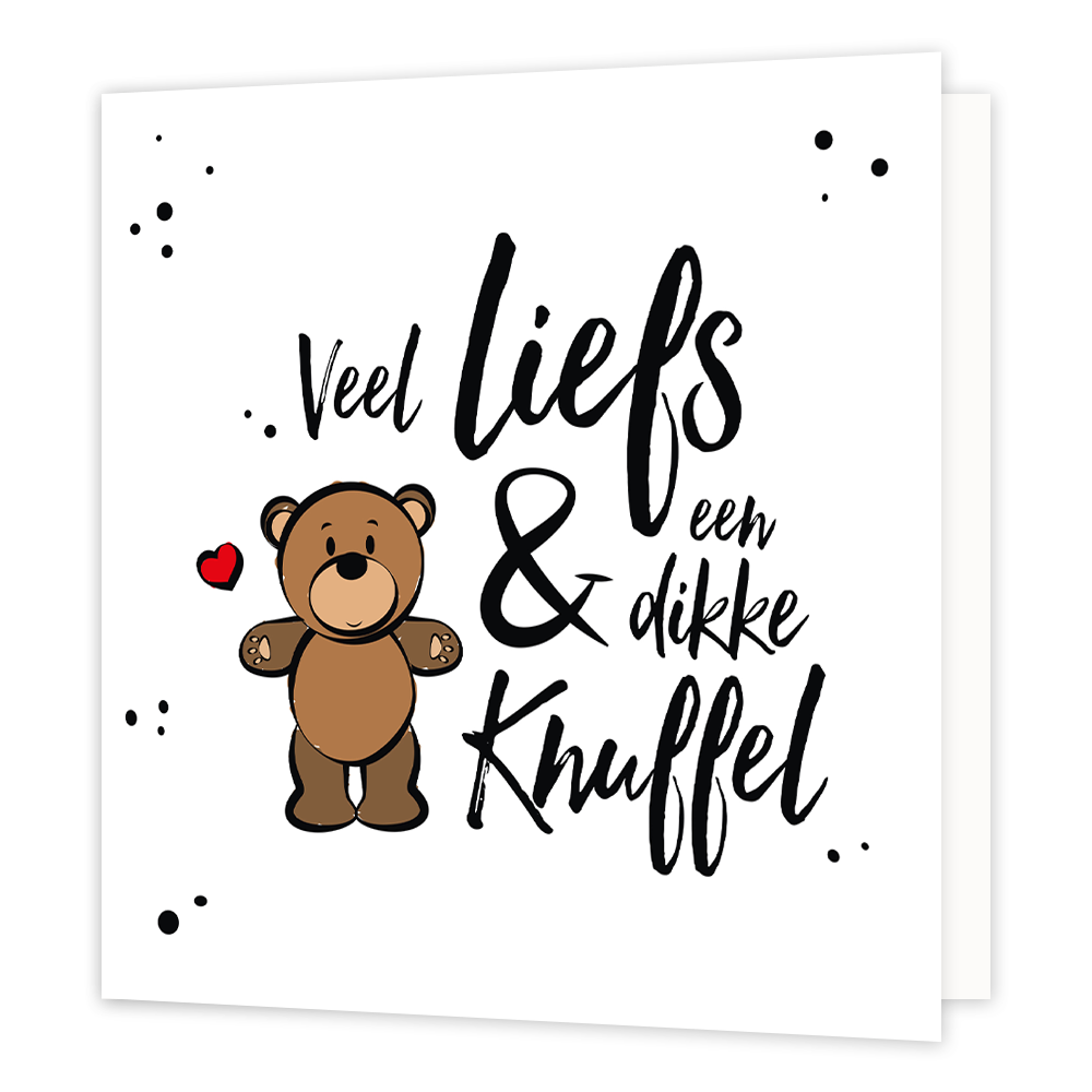Veel liefs en een dikke knuffel - Formaat: Normaal - Vorm: Vierkant - Vriendschapskaart - Op deze wenskaart staat de tekst: "Veel liefs & een dikke knuffel" met een teddybeer naast de tekst. - Snelwenskaart