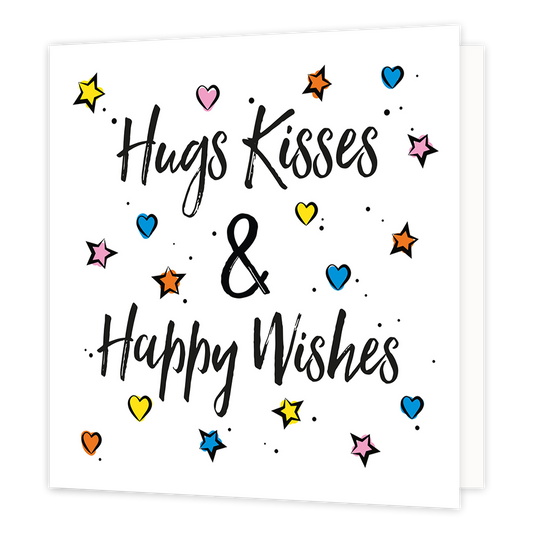Hugs kisses & happy wishes - Formaat: Normaal - Vorm: Vierkant - Felicitatiekaart - Op deze wenskaart staat de tekst: "Hugs kisses & happy wishes" omringt door hartjes en sterren. - Snelwenskaart