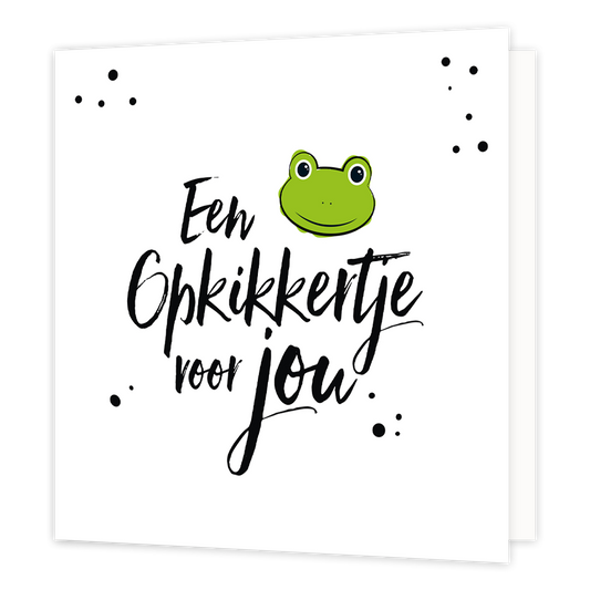 Een opkikkertje voor jou - Formaat: Normaal - Vorm: Vierkant - Opkikker kaart - Op deze wenskaart staat de tekst: "Een opkikkertje voor jou" met een kikker naast de tekst. - Snelwenskaart