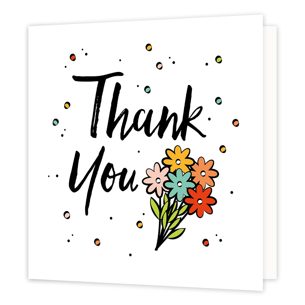 Thank you - Formaat: Normaal - Vorm: Vierkant - Bedankkaart - Op deze wenskaart staat de tekst: "Thank you" met een getekend bosje bloemen ernaast. - Snelwenskaart