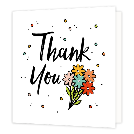 Thank you - Formaat: Normaal - Vorm: Vierkant - Bedankkaart - Op deze wenskaart staat de tekst: "Thank you" met een getekend bosje bloemen ernaast. - Snelwenskaart