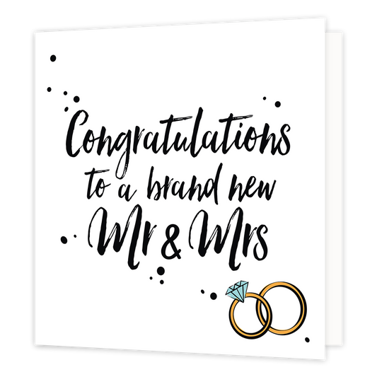 Congratulations to a brand new Mr & Mrs - Formaat: Normaal - Vorm: Vierkant - Huwelijkskaart - Op deze wenskaart staat de tekst: "Congratulations to a brand new MR & MRS" met onderin trouwringen. - Snelwenskaart