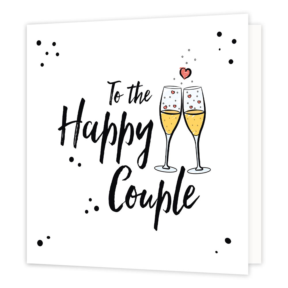 To the happy couple - Formaat: Normaal - Vorm: Vierkant - Huwelijkskaart - Op deze wenskaart staat de tekst: "To the happy couple" met twee champagne glazen. - Snelwenskaart
