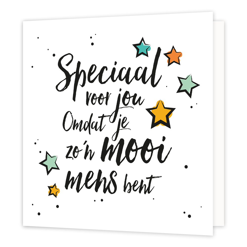 Speciaal voor jou - Formaat: Normaal - Vorm: Vierkant - Complimentenkaart - Op deze wenskaart staat de tekst: "Speciaal voor jou omdat je zo'n mooi mens bent" omringt door sterren. - Snelwenskaart