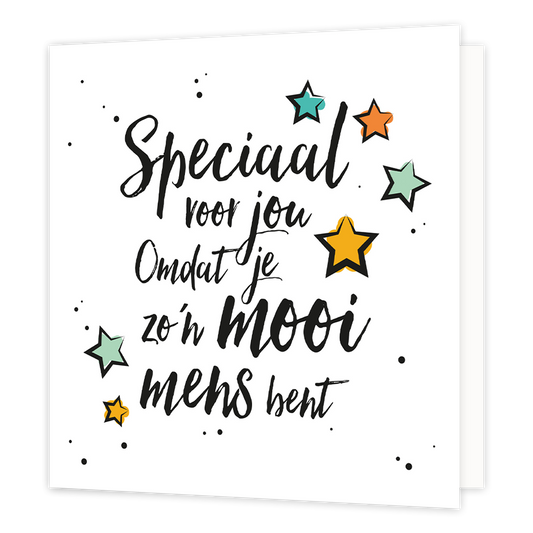 Speciaal voor jou - Formaat: Normaal - Vorm: Vierkant - Complimentenkaart - Op deze wenskaart staat de tekst: "Speciaal voor jou omdat je zo'n mooi mens bent" omringt door sterren. - Snelwenskaart