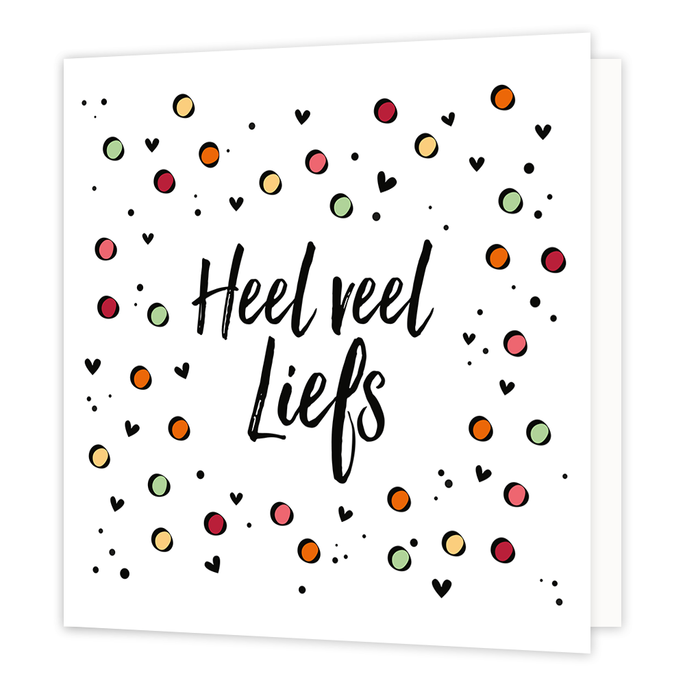 Heel veel liefs - Formaat: Normaal - Vorm: Vierkant - Vriendschapskaart - Op deze wenskaart staat de tekst: "Heel veel liefs" omringt door stippen en hartjes in diverse kleuren. - Snelwenskaart