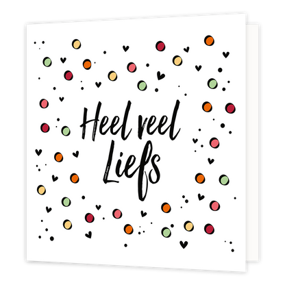 Heel veel liefs - Formaat: Normaal - Vorm: Vierkant - Vriendschapskaart - Op deze wenskaart staat de tekst: "Heel veel liefs" omringt door stippen en hartjes in diverse kleuren. - Snelwenskaart