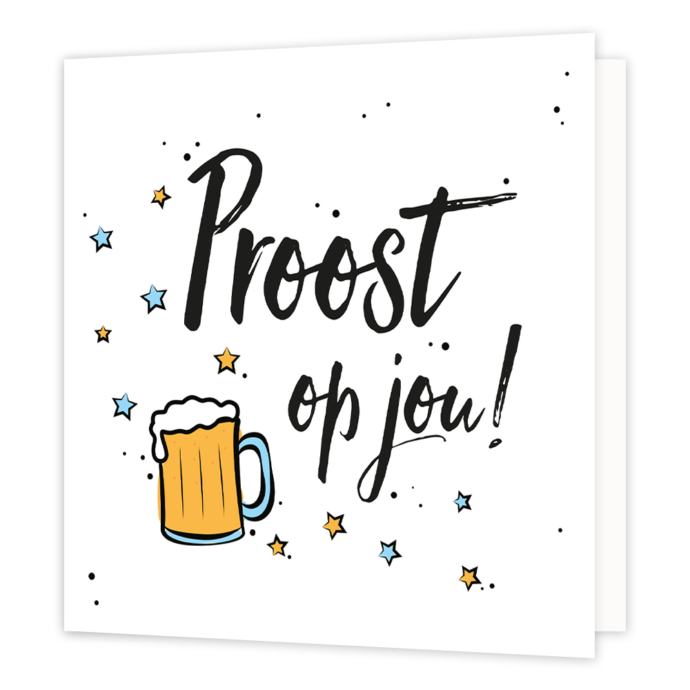 Proost op jou - Formaat: Normaal - Vorm: Vierkant - Proost kaart - Op deze wenskaart staat de tekst: "Proost op jou" omringt door sterren en een bierglas. - Snelwenskaart