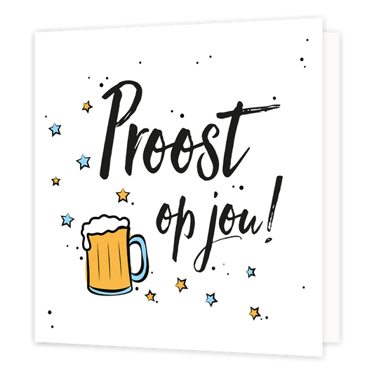 Proost op jou - Formaat: Normaal - Vorm: Vierkant - Proost kaart - Op deze wenskaart staat de tekst: "Proost op jou" omringt door sterren en een bierglas. - Snelwenskaart
