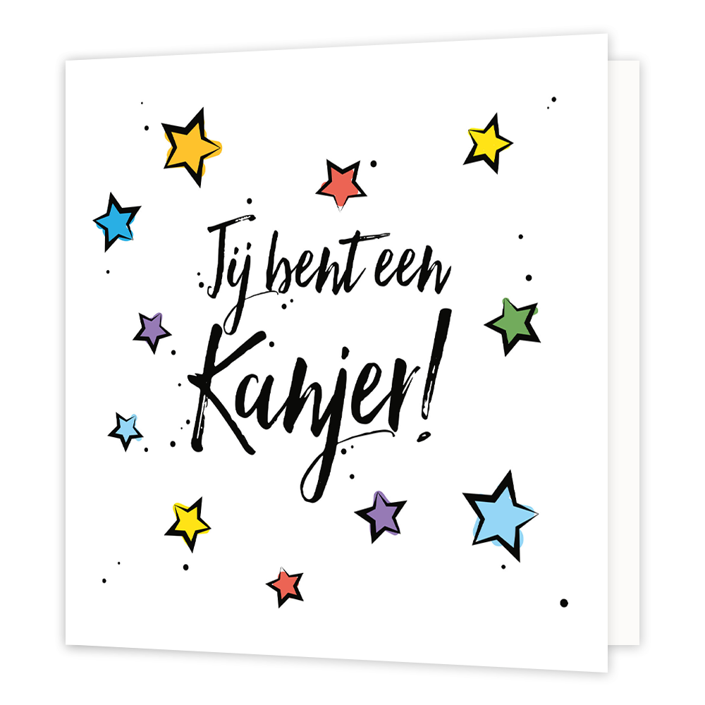 Jij bent een kanjer - Formaat: Normaal - Vorm: Vierkant - Complimentenkaart - Op deze wenskaart staat de tekst: "Jij bent een kanjer!" omringt door sterren. - Snelwenskaart