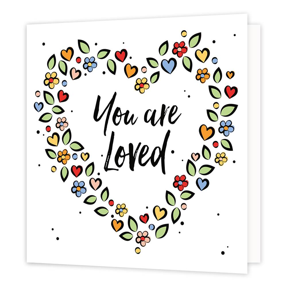 You are loved - Formaat: Normaal - Vorm: Vierkant - Liefdeskaart - Op deze wenskaart staat een hartje gemaakt van bloemen en kleine hartjes met in het midden de tekst: "You are loved". - Snelwenskaart