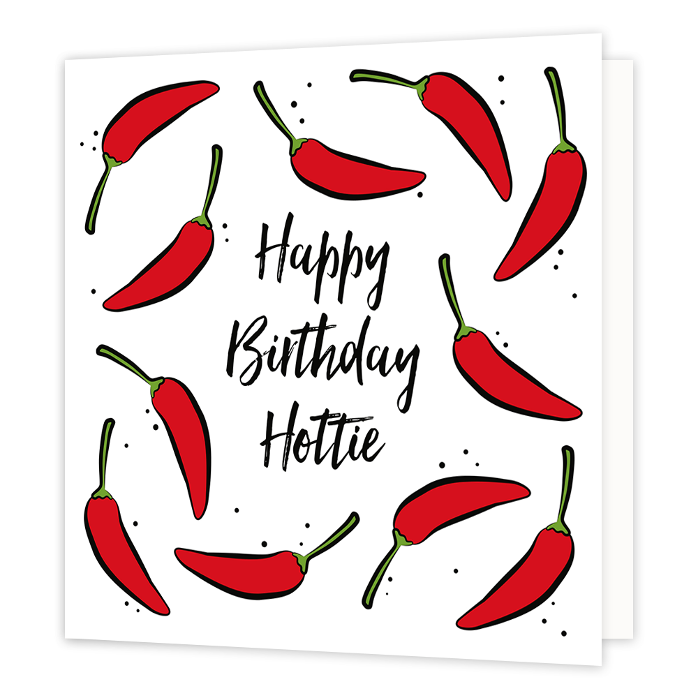 Happy birthday hottie - Formaat: Normaal - Vorm: Vierkant - Verjaardagskaart - Op deze wenskaart zijn rode pepers te zien op een witte achtergrond. In het midden staat de tekst: "Happy birthday hottie". - Snelwenskaart