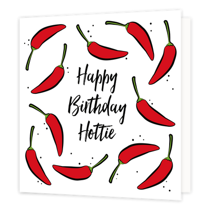 Happy birthday hottie - Formaat: Normaal - Vorm: Vierkant - Verjaardagskaart - Op deze wenskaart zijn rode pepers te zien op een witte achtergrond. In het midden staat de tekst: "Happy birthday hottie". - Snelwenskaart