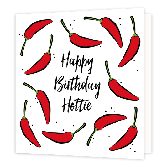 Happy birthday hottie - Formaat: Normaal - Vorm: Vierkant - Verjaardagskaart - Op deze wenskaart zijn rode pepers te zien op een witte achtergrond. In het midden staat de tekst: "Happy birthday hottie". - Snelwenskaart
