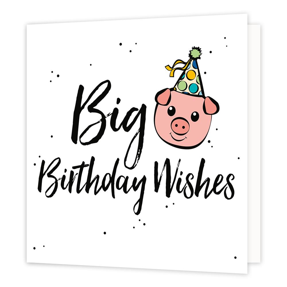 Big birthday wishes - Formaat: Normaal - Vorm: Vierkant - Verjaardagskaart - Op deze wenskaart staat de tekst: "Big birthday wishes" met een getekend varkentje met feesthoedje. - Snelwenskaart