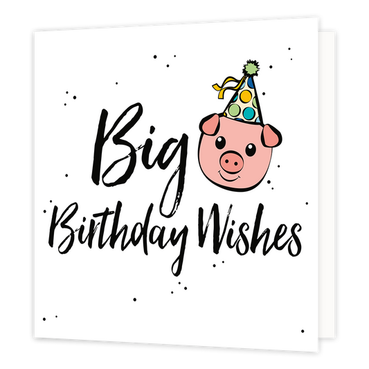 Big birthday wishes - Formaat: Normaal - Vorm: Vierkant - Verjaardagskaart - Op deze wenskaart staat de tekst: "Big birthday wishes" met een getekend varkentje met feesthoedje. - Snelwenskaart