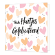 Van hartjes gefeliciteerd - Formaat: Standaard - Vorm: Vierkant - Verjaardagskaart - Op deze wenskaart staan verschillende harten in de kleuren, roze, oranje en geel. Tussen de hartjes door staan zwarte stippen. In het midden van de kaart staat in het zwart de tekst 'van hartjes gefeliciteerd'. - Snelwenskaart