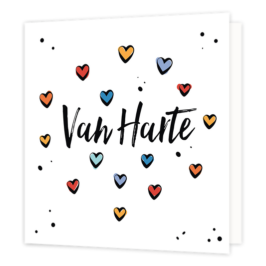 Van Harte - Formaat: Normaal - Vorm: Vierkant - Felicitatiekaart - Op deze wenskaart staat de tekst: "Van harte" omringt door hartjes in diverse kleuren. - Snelwenskaart