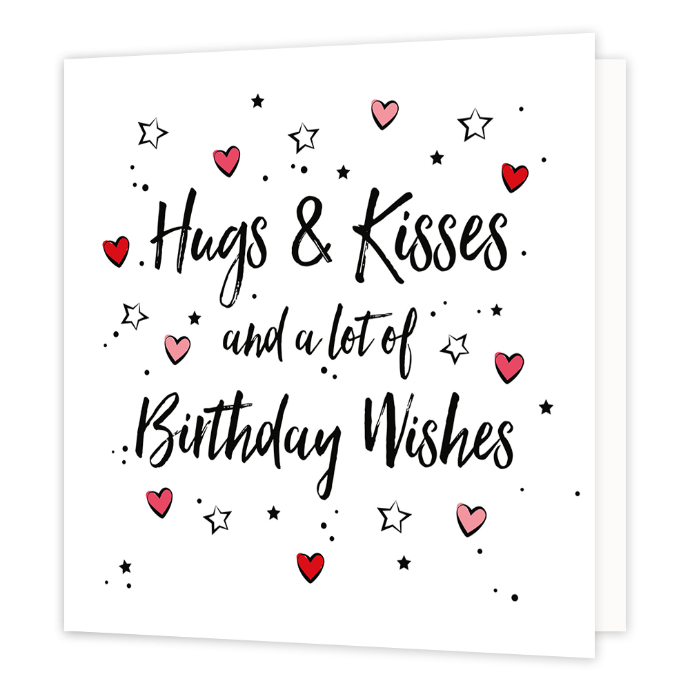 Hugs & kisses and a lot of birthday wishes - Formaat: Normaal - Vorm: Vierkant - Verjaardagskaart - Op deze wenskaart staat de tekst: "Hugs & kisses and a lot of birthday wishes" omringt door hartjes en sterren. - Snelwenskaart