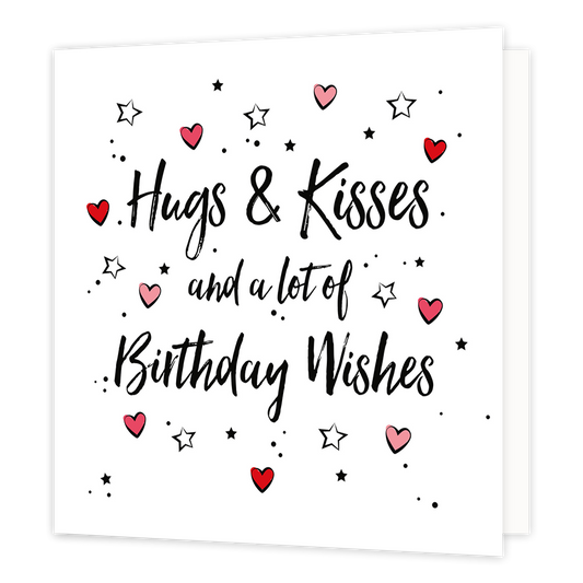Hugs & kisses and a lot of birthday wishes - Formaat: Normaal - Vorm: Vierkant - Verjaardagskaart - Op deze wenskaart staat de tekst: "Hugs & kisses and a lot of birthday wishes" omringt door hartjes en sterren. - Snelwenskaart