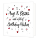 Hugs & kisses and a lot of birthday wishes - Formaat: Standaard - Vorm: Vierkant - Verjaardagskaart - Op deze wenskaart staat de tekst: "Hugs & kisses and a lot of birthday wishes" omringt door hartjes en sterren. - Snelwenskaart