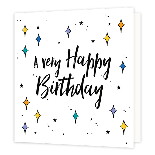 A very happy birthday - Formaat: Normaal - Vorm: Vierkant - Verjaardagskaart - Op deze wenskaart staat de tekst: "A very happy birthday" omringt door sterren. - Snelwenskaart