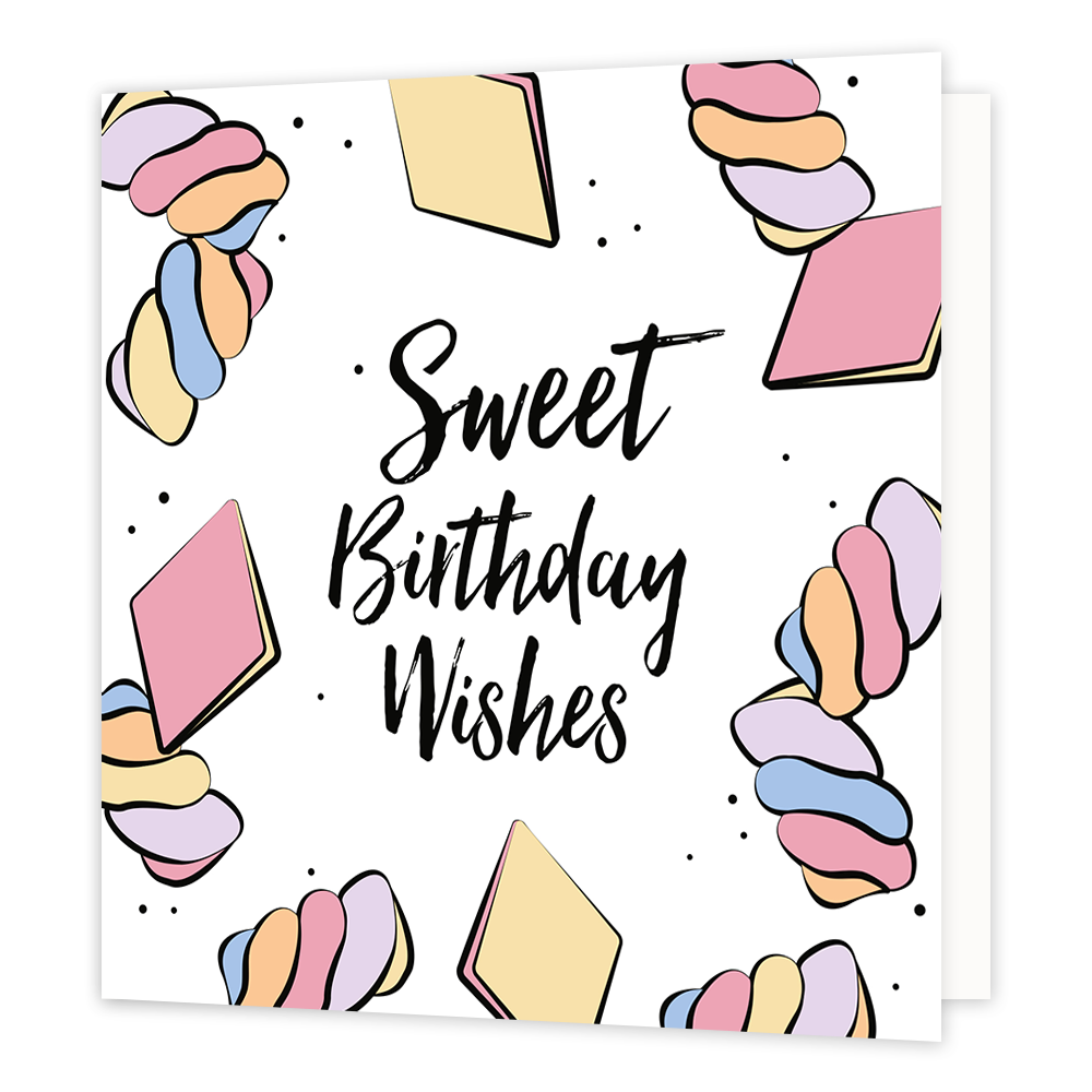 Sweet birthday wishes - Formaat: Normaal - Vorm: Vierkant - Verjaardagskaart - Op deze wenskaart staan spekjes met in het midden de tekst: "Sweet birthday wishes". - Snelwenskaart