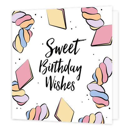 Sweet birthday wishes - Formaat: Normaal - Vorm: Vierkant - Verjaardagskaart - Op deze wenskaart staan spekjes met in het midden de tekst: "Sweet birthday wishes". - Snelwenskaart