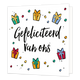 Gefeliciteerd van ons - Formaat: Normaal - Vorm: Vierkant - Felicitatiekaart - Op deze wenskaart staat de tekst: "Gefeliciteerd van ons" omringt door stippen en cadeaus in diverse kleuren. - Snelwenskaart