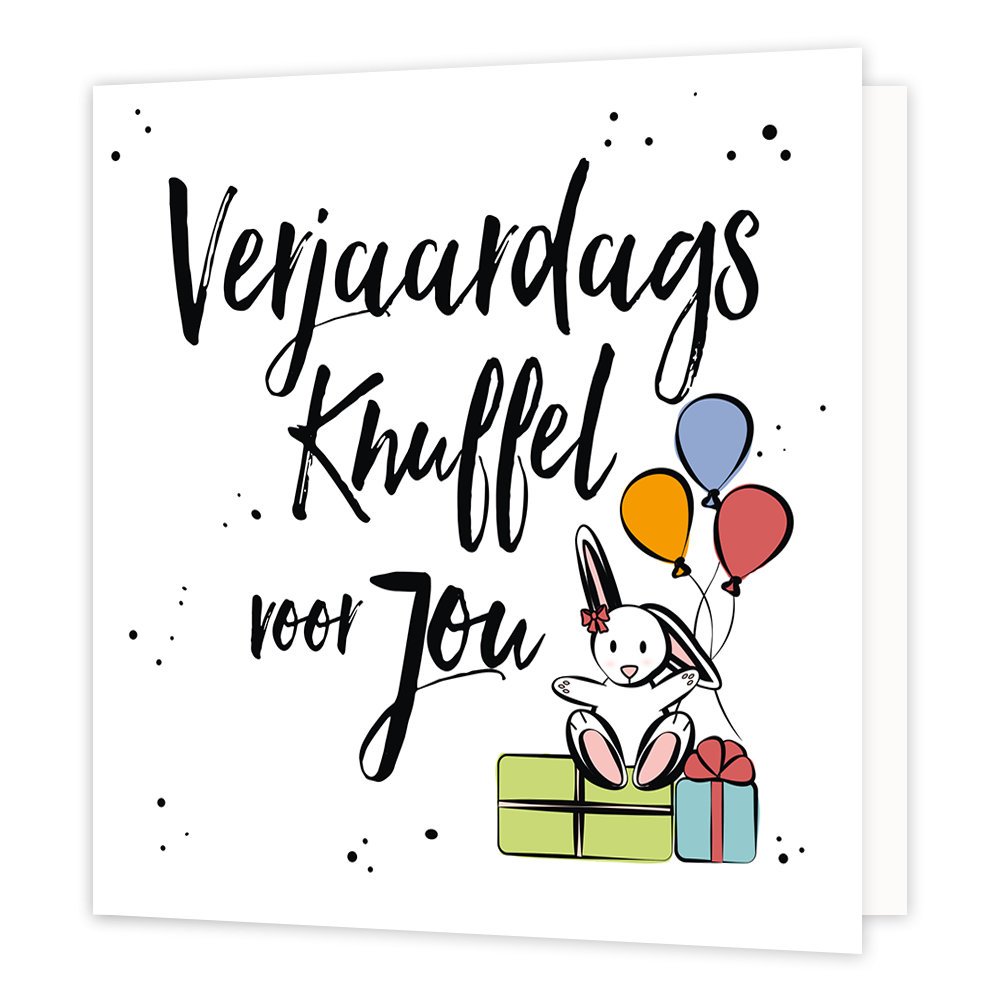 Verjaardagsknuffel voor jou - Formaat: Normaal - Vorm: Vierkant - Verjaardagskaart - Op deze wenskaart staat de tekst: "Verjaardagsknuffel voor jou" met een cadeautje en een konijn dat ballonnen vasthoudt. - Snelwenskaart