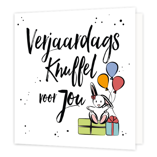 Verjaardagsknuffel voor jou - Formaat: Normaal - Vorm: Vierkant - Verjaardagskaart - Op deze wenskaart staat de tekst: "Verjaardagsknuffel voor jou" met een cadeautje en een konijn dat ballonnen vasthoudt. - Snelwenskaart