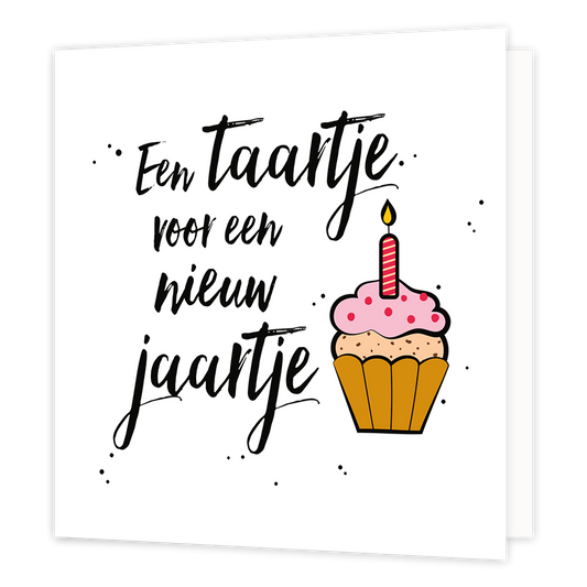 Een taartje voor een nieuw jaartje - Formaat: Normaal - Vorm: Vierkant - Verjaardagskaart - Op deze wenskaart staat de tekst: "Een taartje voor een nieuw jaartje" met een cupcake met kaarsje. - Snelwenskaart