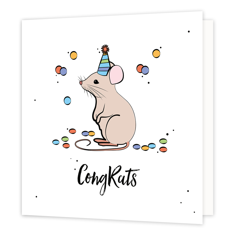 Congrats - Formaat: Standaard - Vorm: Vierkant - Felicitatiekaart - Op deze wenskaart staat een muisje omringt door confetti met daaronder de tekst: "Congrats". - Snelwenskaart