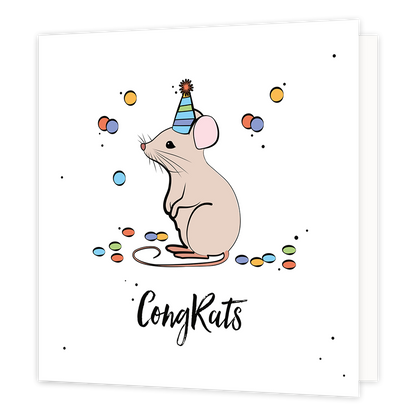 Congrats - Formaat: Standaard - Vorm: Vierkant - Felicitatiekaart - Op deze wenskaart staat een muisje omringt door confetti met daaronder de tekst: "Congrats". - Snelwenskaart