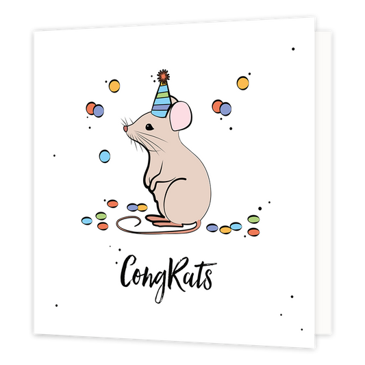 Congrats - Formaat: Normaal - Vorm: Vierkant - Felicitatiekaart - Op deze wenskaart staat een muisje omringt door confetti met daaronder de tekst: "Congrats". - Snelwenskaart
