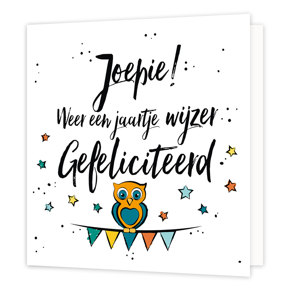 Joepie! Weer een jaartje wijzer - Formaat: Normaal - Vorm: Vierkant - Verjaardagskaart - Op deze wenskaart staat de tekst: "Joepie! Weer een jaartje wijzer gefeliciteerd" omringt door sterren en een slinger met een uil. - Snelwenskaart