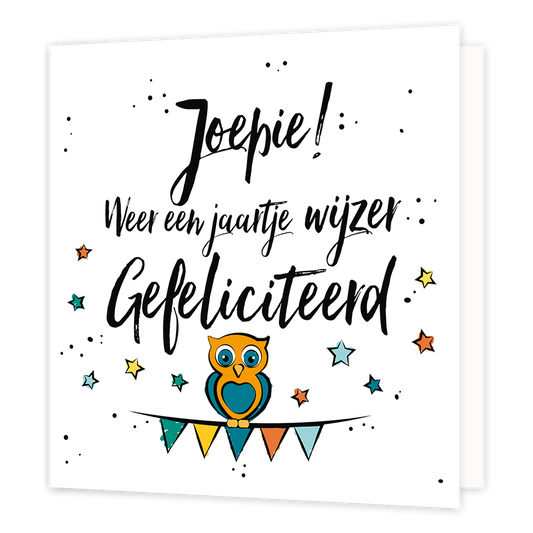Joepie! Weer een jaartje wijzer - Formaat: Normaal - Vorm: Vierkant - Verjaardagskaart - Op deze wenskaart staat de tekst: "Joepie! Weer een jaartje wijzer gefeliciteerd" omringt door sterren en een slinger met een uil. - Snelwenskaart