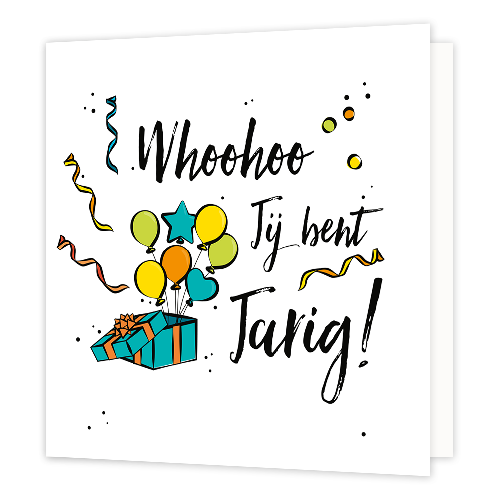 Whoohoo jij bent jarig! - Formaat: Normaal - Vorm: Vierkant - Verjaardagskaart - Op deze wenskaart staat de tekst: "Whoohoo jij bent jarig" met een cadeau waar ballonnen en slingers uit komen. - Snelwenskaart