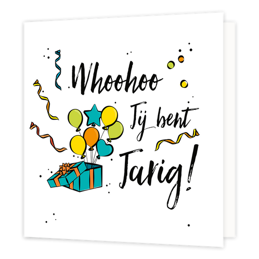 Whoohoo jij bent jarig! - Formaat: Normaal - Vorm: Vierkant - Verjaardagskaart - Op deze wenskaart staat de tekst: "Whoohoo jij bent jarig" met een cadeau waar ballonnen en slingers uit komen. - Snelwenskaart