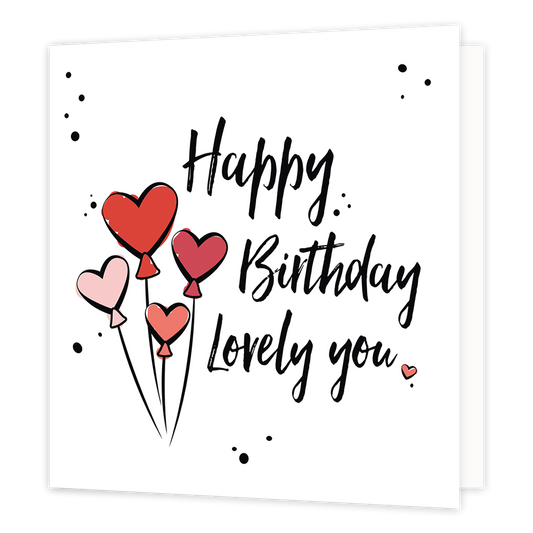 Happy birthday lovely you - Formaat: Normaal - Vorm: Vierkant - Verjaardagskaart - Op deze wenskaart staat de tekst: "Happy birthday loving you" met hartjesballonnen. - Snelwenskaart