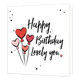 Happy birthday lovely you - Formaat: Standaard - Vorm: Vierkant - Verjaardagskaart - Op deze wenskaart staat de tekst: "Happy birthday loving you" met hartjesballonnen. - Snelwenskaart