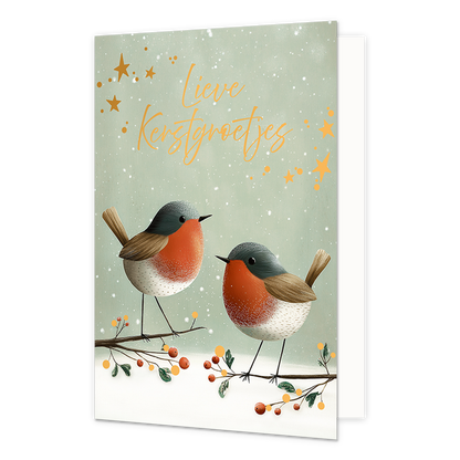 Lieve kerstgroetjes - Formaat: Standaard - Vorm: Staand - Kerstkaart - Op deze wenskaart staan twee roodborstjes afgebeeld op takken met rode besjes tegen een lichtgroene, met sneeuwsterren en stippen bedekte achtergrond. De vogeltjes hebben een grijze kop, bruine vleugels, witte buikjes en een opvallende oranjerode borst. De achtergrond is verder versierd met diverse oranje sterren en subtiele witte sneeuwvlokken. Bovenaan in het midden staat de gele, sierlijke handgeschreven tekst "Lieve Kerstgroetjes". 