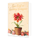 Fijne kerst en gelukkig nieuwjaar - Formaat: Standaard - Vorm: Staand - Kerstkaart - Op deze wenskaart staat een bloeiende rood-witte amaryllis in een bruine bloempot afgebeeld tegen een zachte beige achtergrond met gouden stippen. Rondom de pot liggen diverse kerstballen in rode tinten met witte accenten, vergezeld door groene dennentakjes op een ondergrond van sneeuw. Bovenaan de illustratie bevindt zich de goudkleurige handgeschreven tekst "Fijne Kerst en Gelukkig Nieuwjaar". - Snelwenskaart